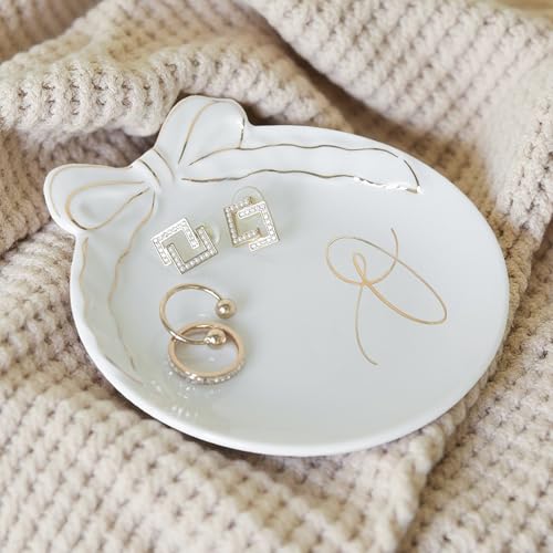 COLLECTIVE HOME - Personalized Initial Ceramic Jewelry Tray with Bow, Christmas Gift Ideas for Women, Small Gift for Girlfriend Wife, Ring Holder, Earrings Dish, Birthday Gift for Her (O) - color: O