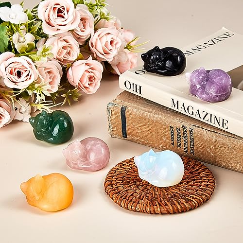 Barydat 6 Pieces Crystal Figurines Cat Statues Cute Cat Mother's Day Decor Gemstone Decor Small Carved Sculpture for Women Gifts for Kitty Lover Office Home Animal Stone Decoration