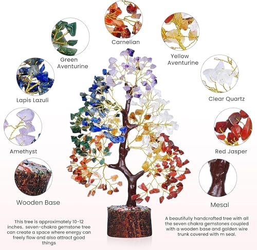 YATSKIA Chakra Crystal Tree - Handmade Healing Crystal Trees with 7 Chakra Stones | Tree of Life for Meditation | Feng Shui | Birthday Gift for Woman | Gifts for Women | Home Decor | Office Decor - color: Seven Chakra (Golden Wire)