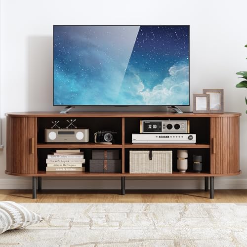 63" Fluted TV Stand with Power Outlet, Modern Media Console with Sliding Doors, Entertainment Center for TVs up to 60 Inch, Adjustable Shelves, Walnut - color: Walnut, size: 63 Inch