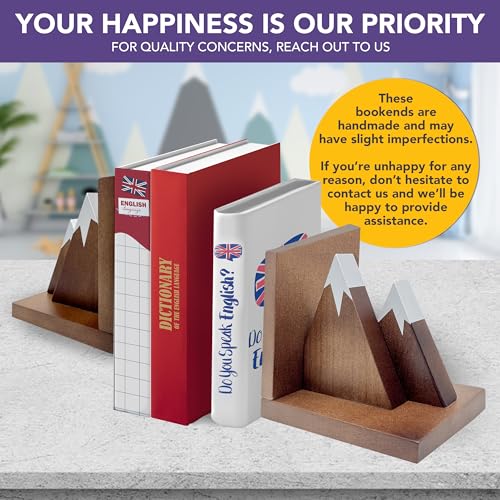 Decorably Dark Walnut Mountain Book Ends for Kids Books - 1 Set Non-Skid Wooden Mountain Bookends for Kids - Kid's Room, Nursery, Classroom