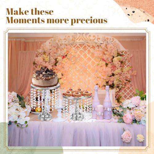 Bokon 6 Pcs Crystal Cake Stand Round Dessert Cupcake Holder Metal Stand Table Cake Pedestal with Crystal Pendant Wedding Bead Dessert Cupcake Pastry Display Plate for Wedding Birthday Party (Silver) - color: Silver