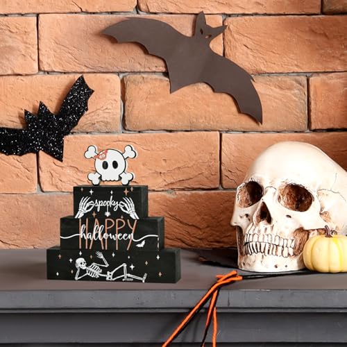 Smile 4 Pcs Wooden Blocks Signs, Happy Halloween Indoor Decorations, Skull Farm Decor Spooky Rustic for Home Table Shelf and Kitchen - style: Skull