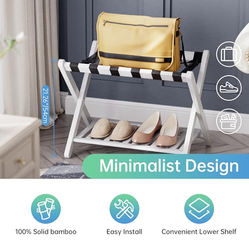 SMIBUY Luggage Rack, Foldable Bamboo Suitcase Stand with Storage Shelf for Guest Room, Bedroom, Hotel, Heavy-Duty, 1 Pack (White) - color: White