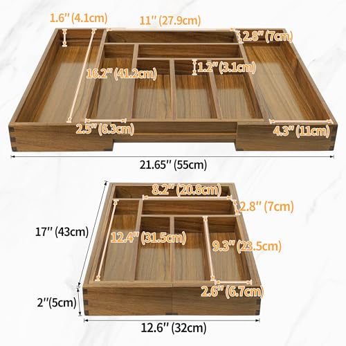 Luxury Acacia Kitchen Drawer Organizer - Silverware Organizer - Utensil Holder and Cutlery Tray with Grooved Drawer Dividers for Flatware and Kitchen Utensils (8 Slot), 17*12.4*2 inch - size: 8 Compartments
