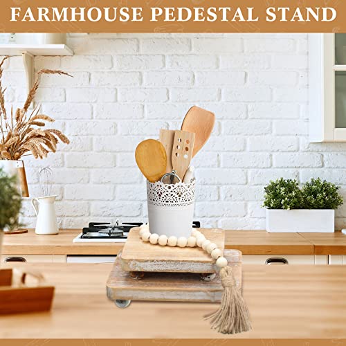 Capoda 3 Pcs Wood Risers for Decor Mini Wooden Pedestal Stands with Wood Bead Garland Farmhouse Vintage Rustic Decor Risers Stackable Kitchen Stand Tray for Home Bathroom Coffee Bar Table