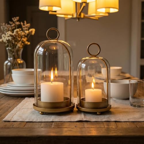 GYKLE Set of 2 Candle Lantern Set - Vintage Brass Candle Holders with Thick Glass Domes (5.25"x10" & 4.5"x7.87"), Perfect for Pillar Candles, Floral Arrangements, and Vintage Home Accents