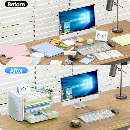 OPNICE Desk Organizer, 4-Tier Desktop File Organizer with Drawer and 2 Pen Holders, Office Desk Accessories, File Sorters, Workspace Organizers for Office Supplies(Green) - color: Green, size: 4-Tier