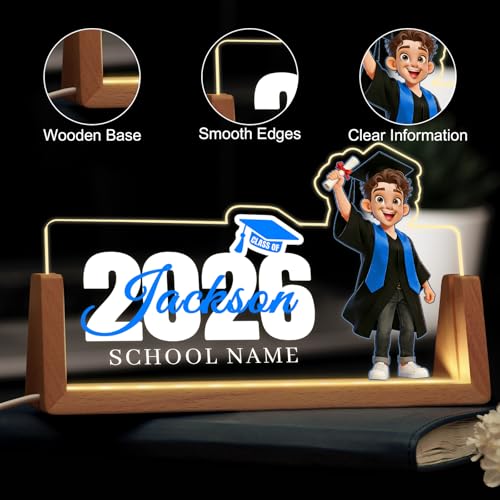 Custom Name Plate for Desk, Personalized Light Up Acrylic Desk Name Plate, Personalized Graduation Gifts 2026 for Him Her, Class of 2026 Graduate Gift, High School College Grad Gift (Design17-Graduation Boy) - color: Design17-Graduation Boy