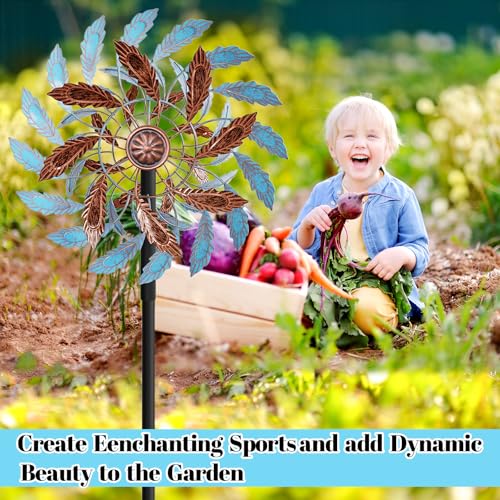 Metal Outdoor Wind Spinner, Wind Sculpture Spinner with Metal Stake, Waterproof 360 Degrees Kinetic Windmill Art Decoration for Patio Garden Lawn (Blue+Brown) - color: Blue+brown