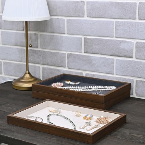 MOOCA 2 Pcs Wooden Jewelry Display Tray, Presentation Tray, Organizer for Rings, Necklaces, Earrings, and Accessories, Walnut Color with Beige Suede, 14" W x 9.6" D x 1.2" H - color: 1 Compartment, Walnut