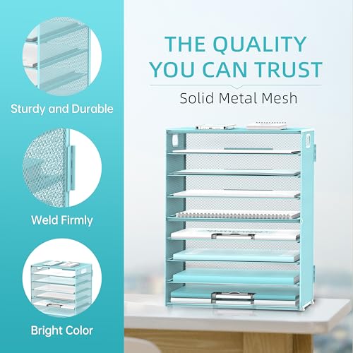 DALTACK 9-Tier Paper Organizer for Desk, Mesh Letter Tray Desk Organizer with Handles, Space-Saving File Organizer for Office Home School, Blue - color: Desk Organizer Blue