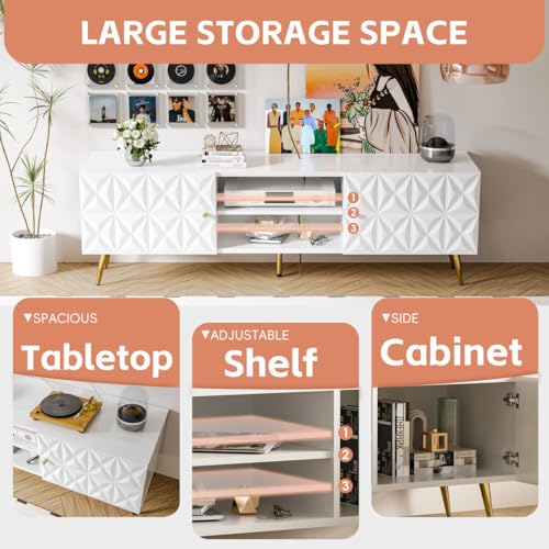 58” TV Stand for 55/60/65 Inch TV, Modern Entertainment Center with Adjustable Shelf, Media Console with Storage Cabinet, TV Console with Gold Legs and Handles for Living Room, Bedroom, White