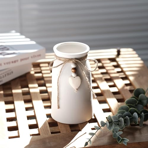 Charming 6-Inch Ceramic Vase | Jute Rope & Heart Charm Vase for Bohemian Farmhouse & Boho Décor, White Color - color: White