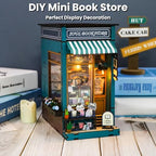 MEINESQIS Book Nook DIY Miniatures Book Nook Kit Store 3D Creative Decorative Bookend Bookshelf Insert Wooden Puzzle with Led Suitable for Teenagers Adults Halloween Christmas Decoration Gifts, Blue