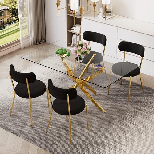 5 Piece Rectangular Glass Dining Table Set, 63'' Modern Kitchen Table Set Gold Base with 4 Luxury Black Gold Boucle Dining Chairs, Dining Table and Chairs for Home, Apartment - color: Golden+black Gold Chairs, size: 63'' + 4 Chairs