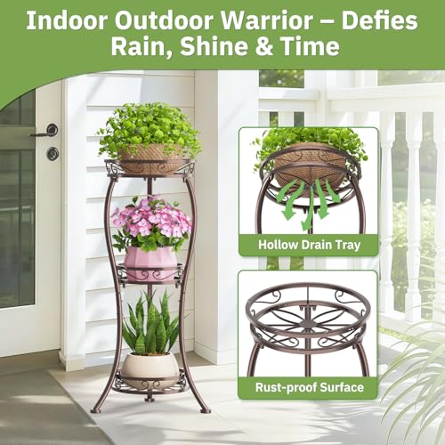 KMOTASUO 3 Tier Tall Plant Stand Indoor Outdoor for Large Planter, Multiple Level Flower Holder Organizer Rack for Patio Office Bathroom Corner, Sturdy Heavy Duty Metal, Vertical Display, Bronze - color: Classic Bronze, size: 3 Tier