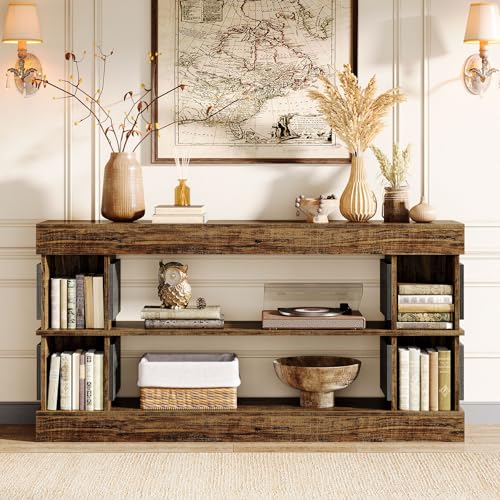 Tribesigns 63" Farmhouse Console Table, 3-Tier Entryway Table with Storage, Long Wooden Behind Couch Stand with 4 Compartments for Living Room, Hallway, Foyer, Vintage Brown & Gray