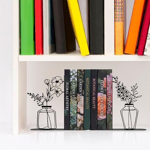 Cute Book Ends for Shelves - Decorative Flower & Vase Design, Heavy Duty Metal Bookends with Non-Slip Base - Novelty Gift for Book Lovers