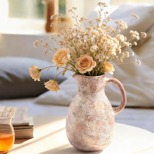 Ceramic Flower Vase 8 inch Farmhouse Vase with Handles for Home Decor Vintage Rustic Decorations for Bathroom, Living Room, Entryway, Wedding (Retro) - color: 8 Inch-retro