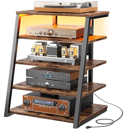 Armocity 5-Tier AV Media Stand with Power Strips, Media Console with LED Lights, Audio Tower Rack with Adjustable Shelves, Stereo Stands and Racks, 40.8'', Rustic Brown - color: Rustic Brown, size: 40" (H)