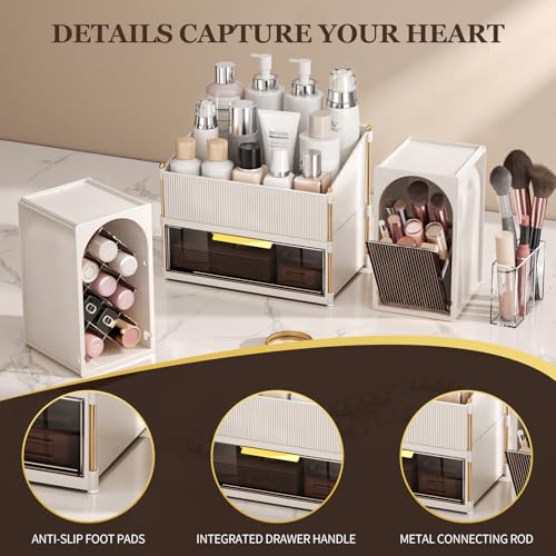 INVSSENE Stackable Makeup Organizer Countertop, Storage Perfume Skincare Cosmetic Lipstick Face Mask Makeup Brush Palettes, Ideal for Vanity Bathroom Counter - color: 3516 White+Coffee
