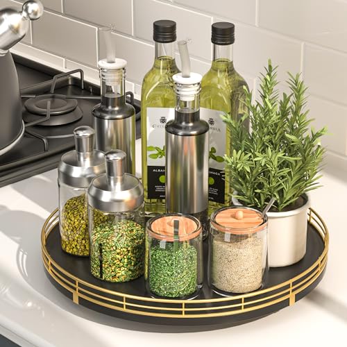 12" Oak Wood Lazy Susan Organizer, Lazy Susan for Cabinet Dining Table Pantry Wood Turntable Organizer Tray for Coffee Table Kitchen Countertop Spinning Spice Can Organization and Storage Round Gold - color: Gold Black, size: 12