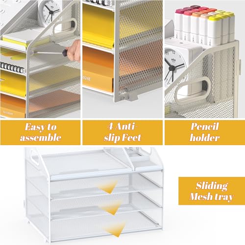 Letter Tray Paper, 4 Tier Desk Organizer with Pen Holder and Handle, Mesh File Organizer Paper Sorter Metal Desktop Document Shelf for Office Home Classroom - White - color: 4 Tier-white
