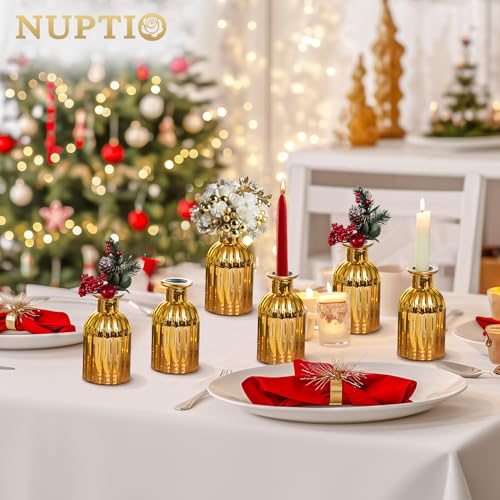 NUPTIO Bud Vases Glass Gold: 6 Pcs Small Vase Set in Bulk for Flowers - Mini Vintage Flower Bottle Single Assorted Vases for Wedding Table Centerpieces - size: Style 2