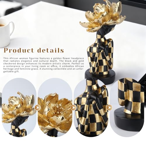 Lescafita African Woman Sculpture with Golden Flower Headpiece – Black and Gold Resin Figurine for Home Decor, Elegant African Lady Statue, Modern Ethnic Art Ornament, Gift for Women - color: 104-gold
