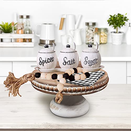 dwellington White Wash Round Display Wood Riser, 8.25” Shabby Chic Pedestal Tray Decor with Beads, Farmhouse Display Stands for Small Items in Coffee Bar, Bathroom, Kitchen Island
