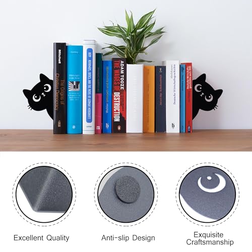 Bookends Metal Cat Book Ends, 1 Pairs Cute Bookends for Shelves Decorative for Home Office Desk Bookshelf Decor (Black, Cartoon) - color: Cat-cartoon