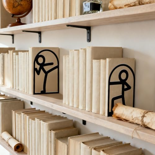 Peacoblue Metal Bookends for Shelves, Modern Decorative Heavy Duty Study Book Ends Stoppers for Office, Desk, Shelf, Room 5.3"x4.3"x7.9" Cast Iron Simple Tall Bookends 1 Pair (Stickman) - style: Stickman
