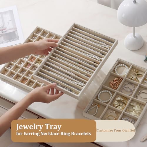 Large Jewelry Drawer Organizer Trays Set of 4, Stackable Velvet Jewelry Trays Organizer Holder Display Storage Showcase for Earring Necklace Bracelet Ring Accessary (Beige, 12+17+24+48 Grids) - color: Beige, size: 12+17+24+48 Grids