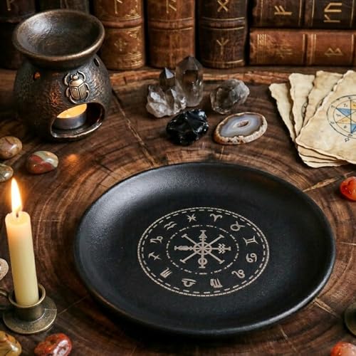 5.5inch Altar Ritual Plate Dish Stainless Steel Flat Bowl Round Metal Jewelry Tray Astrology Tarot Plate Ring Trinket Holder for Smudging Decoration Trays (Zodiac Black) - color: Zodiac Black