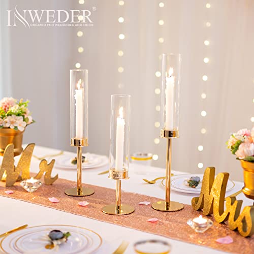 Hurricane Taper Candle Holders: Gold Glass Candlestick Holder Tall Candle Sticks Holder Decor with Glass Cover for Wedding Table Centerpiece Party Birthday Christmas Home Mantel Set of 3 - color: Gold, size: 1 Set(3 Pcs)