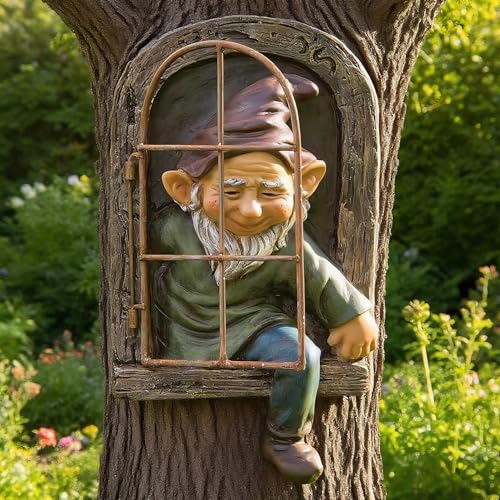 Teaeeno 12-inch Elf Out The Door Tree Hugger, Garden Gnome Statue Decor Outdoor, Large Outdoor Tree Hugger for Yard Art, Trees Decorations Outdoor Wallmounted Statue - color: Black
