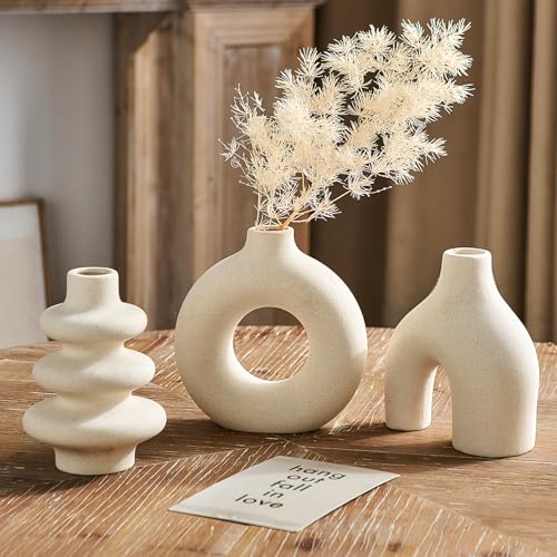 White Ceramic Vase Set of 3, Modern Boho Vases for Home Decor, Small Flower Vases for Pampas Grass, Round White Vases Centerpieces for Wedding Coffee Table Shelf Living Room Bedroom Entryway - color: White