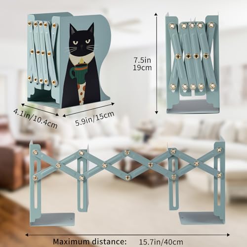 Cat Bookends, Adjustable Metal Book Ends for Shelves Decorative Unique Design for Heavy Books, Non-Skid Book Holder for Home Housewarming Cooking Lover Gifts (Cat) - color: Green