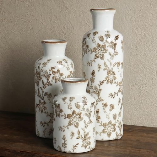 Ceramic Vase Set of 3, Vintage Ceramic Flower Vases, Crackle-Glaze & Distressed Rim, Brown Botanical Pattern, for Home Decor, Living Room Mantel & Dining Table Centerpiece - color: Brown