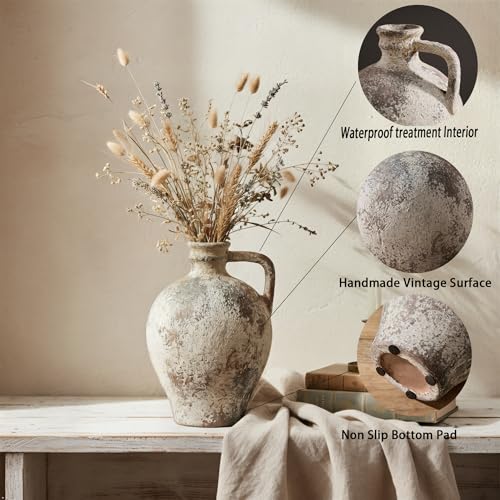 LUKA Ceramic Rustic Farmhouse Vase,8.25 inch Terracotta Vase with Handle,Neutral Clay Pot Vases Decorative Vase for Living Room,Table,Shelf Decor(Brown,M) - color: Brown, size: 8.25 inch (H)