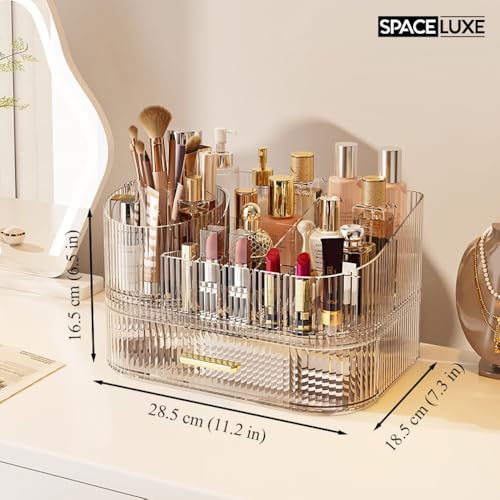 Makeup Organizer with Drawers and 360° Rotating Brush Holder, Large Capacity Cosmetic Storage for Vanity, Skincare, Perfume, Hair Accessories, Lipstick & Jewelry (Clear, 2-layer) - color: Clear, size: 2-layer