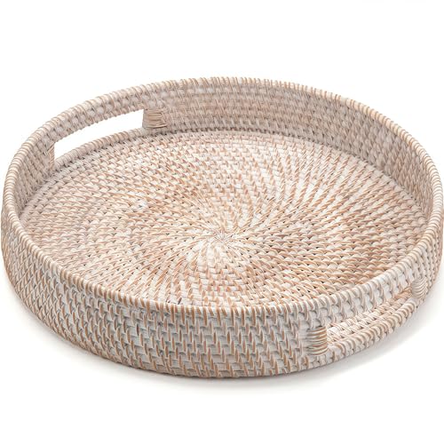 16.9" Round Rattan Tray, Hand Woven Serving Tray with Handles, Wicker Serving Basket, Decorative Tray for Home Decor, Whitewash - color: Whitewash, size: 16.9"