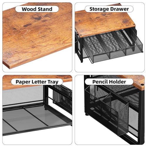 Marbrasse Wood Printer Stand for Desk, 2-Tier Desktop Printer Table for Home Office, Printer Stand with Storage Drawer 2 Pen Holders, Multi-Purpose Desk Organizer for Fax Machine Scanner(Wood Brown) - color: Wood Brown