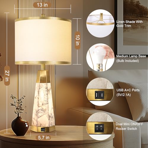 KIVDITZO 27" Alabaster Table Lamps Set of 2 - Lamps for Living Room with Night Light, Bedside Lamps with White Linen Shade, Nightstand Table Lamp with USB A+C Port for Bedroom Office (Bulb Included) - color: Golden Colored-2