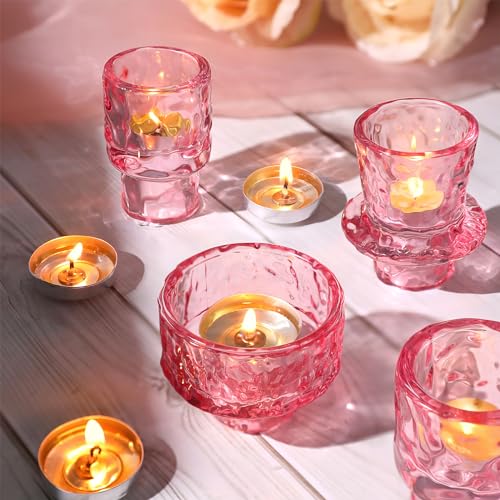 HAVITI 6 PCS Candlestick Holders, Pink Taper Candle Holders, Tealight Candle Holder Glass for Galentines Valentines Wedding Centerpieces Dinner Party Baby Shower Table Decor - color: Pink