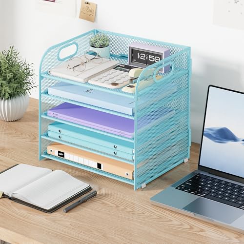 Cawukege 5 Tier Paper Organizer with Handle, Blue Metal Mesh Desk Organizer File Folder Paper Letter Tray Desktop Document Sorter for Classroom, School, Office Accessories Organization and Storage - color: Blue