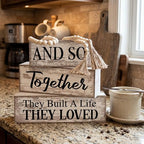 4 Pcs Farmhouse Home Decoration Wooden Tabletop and So Together They Built a Life They Loved Decor Motivational Tiered Tray Decor Rustic Block Sign Retro Bead Garland Table Centerpiece for Shelf Desk - style: and So Together