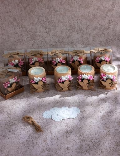 10 Pcs Handmade Wooden Tea Candle Holders, Baptism Gift,Christening Gift, Gender Reveal Guest Favors with Personalized Tags, Adult Baptism.(Light-Pink) - color: Pink