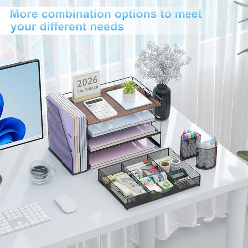 gianotter Desk Organizers and Accessories with File Holder, 4-Tier Desk Accessories & Workspace Organizers with Drawer and 2 Pen Holder, Paper Organizer for Office Supplies (Wood) - color: Wood